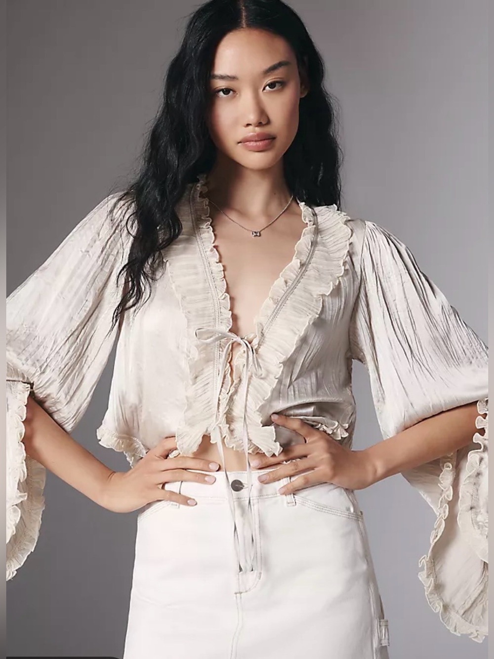Anthropologie Cream Ruffled Tie-Front Blouse Pleated Collar Bell Sleeve S20